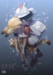  absurdres animal_ears backpack bag blonde_hair closed_eyes commentary_request dark ears faceless feathers fox_(770205490) gloves hat helmet highres kaban_(kemono_friends) kemono_friends light_particles multiple_girls pantyhose pith_helmet ribbon sandstar serval_(kemono_friends) serval_ears serval_tail shirt shoes short_hair shorts skirt socks swimming tail translated underwater water 