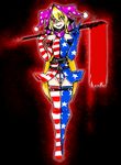  adapted_costume alternate_costume alternate_legwear american_flag_dress american_flag_gloves american_flag_legwear bare_shoulders belt black_background blonde_hair blood bloody_weapon choker clownpiece constricted_pupils crazy crazy_eyes crazy_smile elbow_gloves gloves glowing groin hat highleg highleg_leotard highres hood jester_cap leotard looking_at_viewer multicolored multicolored_background multiple_belts open_mouth polka_dot red_background red_eyes showgirl_skirt skinny smile solo thighhighs touhou tsukikage_muntosu v weapon zipper 