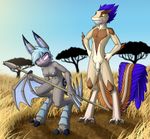  2017 anthro balls bat bat_wings blue_hair blue_nipples breasts claws clothed clothing dreamkeepers duo empty_eyes feathers female grass hair humanoid_penis karo_(dreamkeepers) lord-kiyo male mammal melee_weapon membranous_wings navel nipples nude outside penis polearm pussy red_eyes scalie spear teeth topless tree vanth weapon wings yellow_sclera 