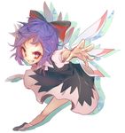  alternate_color black_dress cirno dress full_body hair_ornament hair_ribbon highres ice ice_wings keemoringo looking_at_viewer outstretched_arms player_2 puffy_sleeves purple_hair red_eyes ribbon shoes short_hair short_sleeves simple_background smirk socks solo symbol-shaped_pupils touhou vest white_background white_legwear wings 
