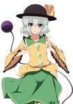  aono_meri artist_name bad_id bad_pixiv_id bangs blue_eyes bow commentary_request cowboy_shot double_v eyeball eyebrows_visible_through_hair frilled_shirt_collar frilled_sleeves frills green_skirt hat hat_bow highres komeiji_koishi long_sleeves looking_at_viewer shirt short_hair silver_hair simple_background skirt smile solo string third_eye touhou v white_background wide_sleeves yellow_shirt 