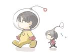  2boys =_= black_hair cosplay flower flower_on_head flying_sweatdrops fuyumi_jun gloves grey_hair helmet idolmaster idolmaster_side-m male_focus multiple_boys necktie olimar olimar_(cosplay) pikmin_(creature) pikmin_(creature)_(cosplay) pikmin_(series) red_gloves sakaki_natsuki simple_background spacesuit walking white_background 