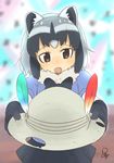  :o animal_ears black_hair black_neckwear black_ribbon black_skirt blue_shirt blurry blurry_background brown_eyes common_raccoon_(kemono_friends) dot_nose duplicate eyebrows_visible_through_hair eyelashes fang fur_collar gloves grey_hair grey_hat hat hat_feather hat_removed headwear_removed helmet holding holding_hat jpeg_artifacts kemono_friends looking_at_viewer multicolored_hair neck_ribbon open_mouth pith_helmet pleated_skirt pov puffy_short_sleeves puffy_sleeves raccoon_ears ribbon sandstar satsuyo shirt short_sleeves signature skirt solo tsurime upper_body white_hair 