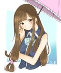  bare_shoulders blush breasts brown_eyes brown_hair frills fujinomiya_neko long_hair masamune-kun_no_revenge mole ribbon smile umbrella 