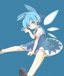  absurdres blue_background blue_dress blue_eyes blue_hair bow cirno dress fairy hair_bow hair_ornament highres ice ice_wings looking_at_viewer mary_janes puffy_sleeves shoes short_hair short_sleeves simple_background smile solo tekka_maki_(wafuu-bune) touhou v vest wings 