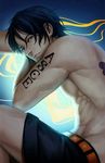  1boy abs black_hair freckles looking_at_viewer one_piece portgas_d_ace shirtless solo tattoo topless 