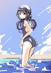  1girl adagaki_aki back bare_shoulders black_hair blush breasts long_hair masamune-kun_no_revenge open_mouth purple_eyes swimsuit water 