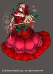  bare_shoulders bow breasts brown_hair cleavage company_name dress flower full_body gloves grey_background gyakushuu_no_fantasica hair_flower hair_ornament jewelry large_breasts long_hair necklace official_art ryuki@maguro-ex simple_background solo sparkle sword weapon 