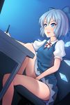  bare_legs blue_dress blue_eyes blue_hair blush bow chair cirno computer desk drawing dress dress_lift drooling dutch_angle fingering from_side hair_bow holding_stylus ice ice_wings legs masturbation open_mouth puffy_short_sleeves puffy_sleeves rikorin short_hair short_sleeves sitting solo stylus touhou tsurime wings 