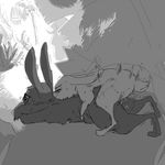  anthro black_and_white blush cain_(weaver) disney duo eyes_closed eyewear fan_character female from_behind_position lagomorph lying male mammal monochrome nature on_front outside rabbit replytoanons sex sunglasses sweat zootopia 