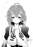  1girl ahoge blush braid breasts flower hair_ornament koiwai_yoshino masamune-kun_no_revenge monochrome ribbon school_uniform short_hair smile 