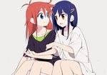  antenna_hair arm_holding blue_eyes blue_hair blush_stickers brown_eyes casual collarbone commentary flip_flappers hair_ornament hairclip holding_hands kokomine_cocona long_hair multiple_girls open_mouth papika_(flip_flappers) red_hair shirt side-by-side signature simple_background sohin t-shirt yuri 