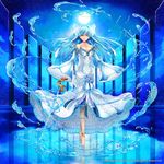  anklet bad_id bad_pixiv_id barefoot blue_hair detached_sleeves dress floating frilled_dress frills glowing glowing_eye gyakushuu_no_fantasica jewelry long_hair moon moonlight necklace official_art original rapier sakurai_unan sword water weapon white_dress yellow_eyes 