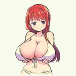  bikini blue_eyes breast_hold breasts cleavage front-tie_bikini front-tie_top huge_breasts long_hair navel original pas_(paxiti) red_hair simple_background smile solo strap_gap swimsuit upper_body white_bikini 