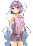  blush commentary_request cowboy_shot eyeball flat_chest hairband hasebe_yuusaku heart komeiji_satori long_sleeves looking_at_viewer midriff navel nightgown off_shoulder open_clothes open_shirt panties purple_eyes purple_hair see-through shirt short_hair simple_background solo strap_slip string third_eye touhou underwear white_background wide_sleeves 