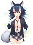  animal_ears arare_mochiko between_breasts black_hair blue_eyes breasts collarbone gloves grey_wolf_(kemono_friends) hand_on_hip heterochromia kemono_friends large_breasts long_hair long_sleeves looking_at_viewer multicolored_hair necktie open_clothes open_mouth open_shirt pleated_skirt shirt skirt solo tail two-tone_hair wolf_ears wolf_tail yellow_eyes 