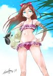  ass bikini blue_eyes blue_sky bow brown_hair cloud day dragon_quest dragon_quest_x earrings hair_bow hand_on_hip himiko_(326ontheweb) jewelry long_hair looking_at_viewer navel purple_bikini rizerotta_(dq10) sky solo swimsuit 