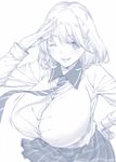  bad_id bad_pixiv_id breasts greyscale hair_ornament hairclip hand_on_hip huge_breasts looking_at_viewer monochrome mushi024 narusawa_ryouka necktie occultic;nine one_eye_closed salute school_uniform short_hair simple_background skirt smile solo white_background 