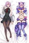  animal_ears ass_visible_through_thighs bare_shoulders black_dress black_legwear blush breasts cleavage dakimakura dangerous_beast dress elbow_gloves fate/grand_order fate_(series) glasses gloves hair_over_one_eye highres hood hooded_jacket isao jacket large_breasts looking_at_viewer lying mash_kyrielight multiple_views navel necktie on_back open_mouth pantyhose purple_eyes purple_gloves purple_hair purple_legwear short_hair sleeveless sleeveless_dress tail thighhighs 