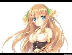  armlet artist_name bare_shoulders blonde_hair blue_eyes blush breasts ciel_nosurge cleavage flower hair_flower hair_ornament ionasal_kkll_preciel letterboxed long_hair looking_at_viewer medium_breasts peko simple_background smile solo surge_concerto upper_body white_background 