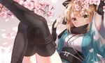  ahoge blonde_hair blush bow breasts cherry_blossoms fate_(series) flower hair_bow highres japanese_clothes jimmy kimono koha-ace looking_at_viewer medium_breasts okita_souji_(fate) okita_souji_(fate)_(all) sash scarf short_hair short_kimono solo thighhighs yellow_eyes 