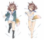  animal_ear_fluff animal_ears barefoot blush brown_hair commentary_request dakimakura dress fang_out feet flower fox_ears fox_tail full_body hair_flower hair_ornament highres hood hood_down hoodie looking_at_viewer looking_back lying multiple_views off-shoulder_sweater on_back open_clothes open_hoodie original panties pantyshot pantyshot_(lying) sekira_ame short_dress short_hair smile sweater tail thighhighs underwear white_panties yellow_eyes yukimura_kabosu zettai_ryouiki 