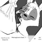  aardwolf anneke_(weaver) anthro bag black_and_white blood disney eyes_closed fan_character female fur hyena mammal monochrome open_mouth open_smile pack_street replytoanons smile solo teeth text zootopia 