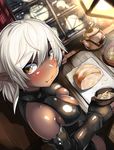  :t bare_shoulders black_gloves blush bread breasts brown_eyes closed_mouth commentary_request cup curtains dark_elf dark_skin de-chan_(lolicept) detached_sleeves dutch_angle eating elbow_gloves elf eyebrows_visible_through_hair fingerless_gloves food from_above from_side gloves holding holding_cup indoors lolicept long_sleeves looking_to_the_side medium_breasts original pointy_ears short_hair skindentation solo teapot white_hair window 