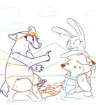  canine carrying clothing disney eyes_closed eyewear fox fur gideon_grey goggles group honey_(zootopia) honey_badger judy_hopps lagomorph mammal mustelid nick_wilde open_mouth open_smile outside piggyback rabbit smile sweat sweatdrop swimsuit teeth the_weaver water zootopia 