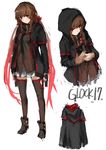  brown_hair character_name dual_wielding full_body girls_frontline glock_17 glock_17_(girls_frontline) gradient_hair gun hair_ribbon handgun holding hood hoodie jacket long_hair looking_at_viewer multicolored_hair necktie pistol red_eyes red_hair ribbon skirt thighhighs twintails unitsu very_long_hair weapon white_skirt 