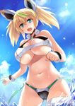  :d aqua_eyes bangs bikini blonde_hair blush bracelet breasts cleavage cloud commentary_request cowboy_shot day gene_(pso2) goban green_hair hair_between_eyes headgear jewelry large_breasts long_hair looking_at_viewer multicolored_hair navel open_mouth phantasy_star phantasy_star_online_2 smile solo stomach streaked_hair sunlight swimsuit twintails underboob wading water wet 