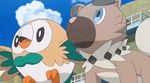  animated animated_gif no_humans pikachu pokemon pokemon_(anime) pokemon_sm pokemon_sm_(anime) rockruff rowlet tapu_koko 