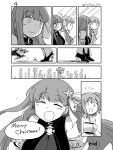  2girls :d ^_^ asaya_minoru bangs bare_shoulders blush boots bow breasts chaldea_uniform closed_eyes closed_mouth comic eyebrows_visible_through_hair eyes_closed fate/extra fate/extra_ccc fate/grand_order fate_(series) fujimaru_ritsuka_(female) greyscale hair_between_eyes hair_bow hair_ornament hair_scrunchie high_heel_boots high_heels highres jacket large_breasts long_hair merry_christmas monochrome multiple_girls o-ring one_side_up open_mouth passion_lip profile reflection scrunchie shirt sleeveless sleeveless_shirt smile star star_hair_ornament twitter_username uniform very_long_hair wavy_mouth window 