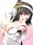  ;o bangs bare_shoulders black_hair blush breasts cleavage commentary_request crossed_arms detached_sleeves hair_ornament headband japanese_clothes kantai_collection large_breasts long_sleeves looking_at_viewer maki_(seventh_heaven_maxion) miko nontraditional_miko one_eye_closed open_mouth red_eyes remodel_(kantai_collection) solo upper_body wardrobe_malfunction wide_sleeves yamashiro_(kantai_collection) 