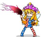  &gt;3&lt; alcohol american_flag_dress american_flag_legwear bad_id bad_pixiv_id blonde_hair bottle breathing_fire chibi clownpiece fairy_wings fire hat jester_cap katsumi5o long_hair neck_ruff pantyhose pink_fire polka_dot purple_fire simple_background solo torch touhou white_background wings 