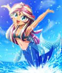  1girl bikini_top blonde_hair cyan_eyes happy mermaid multicolored_hair my_little_pony my_little_pony_equestria_girls my_little_pony_friendship_is_magic red_hair sea solo sunset_shimmer tagme two-tone_hair uotapo water yellow_skin 