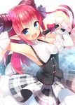  :d armpits bangs bare_shoulders blue_eyes blush breasts corset detached_sleeves dragon_tail dress elizabeth_bathory_(fate) elizabeth_bathory_(fate)_(all) eyebrows_visible_through_hair fang fate/extra fate/extra_ccc fate_(series) holding holding_microphone horns long_hair looking_at_viewer microphone music open_mouth pink_hair plaid plaid_skirt pointy_ears ribbon sazaki_ichiri singing skirt small_breasts smile solo tail two_side_up v-shaped_eyebrows 
