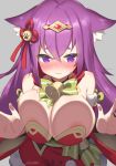  1girl animal_ear_fluff animal_ears areola_slip areolae azur_lane bell blush bow bowtie breast_press breasts cat_ears eyebrows_visible_through_hair grey_background hair_ornament large_breasts long_hair nose_blush paw_print purple_eyes purple_hair simple_background solo symbol_commentary takashiru twitter_username urakaze_(azur_lane) wavy_mouth 