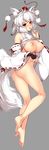  animal_ears ass bangs bare_shoulders barefoot black_gloves breasts detached_sleeves feet gloves grey_background hat highres inubashiri_momiji large_breasts looking_at_viewer lying nipples on_side ouma_tokiichi pom_pom_(clothes) red_eyes ribbon-trimmed_sleeves ribbon_trim simple_background solo tail tokin_hat touhou white_hair wide_sleeves wolf_ears wolf_tail 