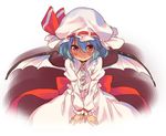  :&gt; bat_wings blue_hair bow frilled_hat frilled_shirt_collar frills hair_between_eyes hat hat_ribbon juliet_sleeves long_sleeves looking_at_viewer mob_cap puffy_sleeves red_bow red_eyes red_ribbon remilia_scarlet ribbon sawayaka_samehada shaded_face shirt short_hair skirt smile solo touhou upper_body v_arms white_hat white_shirt white_skirt wings 
