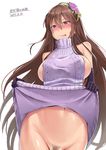  :p bare_shoulders black_gloves blush breasts brown_hair dated elbow_gloves flower gloves granblue_fantasy groin hair_flower hair_ornament heart heart-shaped_pupils highres huge_breasts long_hair looking_at_viewer meme_attire navel nipple_slip nipples no_bra no_panties pubic_hair rosetta_(granblue_fantasy) saliva simple_background smile solo surock symbol-shaped_pupils tongue tongue_out twitter_username virgin_killer_sweater white_background 