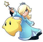  aqua_dress black_eyes blonde_hair blue_eyes chiko_(mario) crown dress hair_over_one_eye mario_(series) mary_cagle rosetta_(mario) smile star super_mario_bros. super_mario_galaxy super_smash_bros. wand 