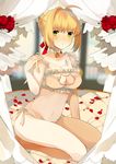  absurdres ahoge bangs bare_shoulders bed bed_sheet bell blonde_hair blurry blurry_background blush bra breasts cat_cutout cat_lingerie cleavage cleavage_cutout collarbone eules eyebrows eyebrows_visible_through_hair fate/extra fate_(series) flower frilled_bra frills green_eyes hair_intakes hair_ribbon highres jingle_bell medium_breasts meme_attire navel nero_claudius_(fate) nero_claudius_(fate)_(all) on_bed panties petals red_flower red_ribbon red_rose revision ribbon rose rose_petals seiza short_hair side-tie_panties sitting solo stomach tareme underwear underwear_only white_bra white_panties 