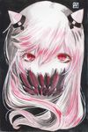  black_background border covered_mouth expressionless eyelashes highres horns kantai_collection long_hair looking_at_viewer midway_hime mixed_media red_eyes shinkaisei-kan signature simple_background solo tesun_(g_noh) traditional_media upper_body watercolor_(medium) white_hair 