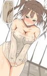  :&lt; atsutoku bare_shoulders blush bottomless breast_squeeze breasts brown_eyes brown_hair cleavage clothes_tug collarbone cowboy_shot hair_ribbon highres jpeg_artifacts kantai_collection large_breasts long_hair naked_sweater off-shoulder_sweater ribbon solo sweater sweater_tug thighs thought_bubble tone_(kantai_collection) translated twintails v_arms white_background white_ribbon 