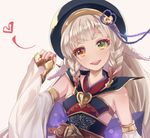  bare_shoulders bow detached_sleeves granblue_fantasy hat hato_haru heterochromia long_hair looking_at_viewer open_mouth pholia red_eyes short_eyebrows silver_hair smile solo yellow_eyes 