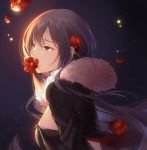  black_dress black_jacket breasts brown_hair commentary_request consort_yu_(fate) dress eyebrows_visible_through_hair fate/grand_order fate_(series) flower flower_in_mouth fur-trimmed_jacket fur_trim hair_flower hair_ornament highres jacket jewelry long_hair looking_away medium_breasts petals philomelalilium poppy_(flower) red_eyes red_flower red_rose rose rose_petals solo very_long_hair 