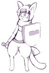  2011 ambiguous_gender cat clothed clothing feline hair headband light_theme looking_up mammal melee_weapon monochrome no_pupils nystre scarf shield simple_background solo standing sword weapon white_background wide_hips 