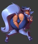  2017 all_fours anthro anus arashi_(derran) big_breasts big_butt blue_body blue_fur blue_hair blue_horn blue_markings blue_sclera blue_tail bottomless breasts butt claws clothed clothing crossgender digital_media_(artwork) dragon facial_markings female fur grey_background hair hi_res hindpaw horn looking_at_viewer looking_back markings micki multicolored_body one_eye_closed orange_body pawpads paws presenting presenting_anus presenting_hindquarters presenting_pussy pussy raised_tail rear_view shaded signature simple_background slit_pupils smile solo teeth toe_claws v_sign voluptuous wide_hips wink yellow_eyes 