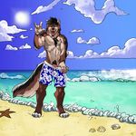  beach canine clothed clothing julicat male mammal penis rusty_wollef seaside solo swimsuit teasing wolf 